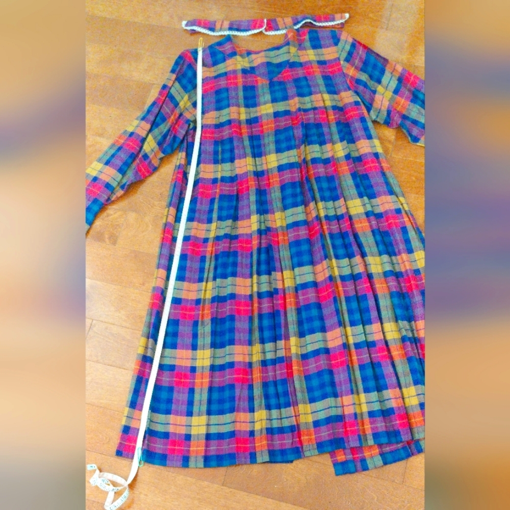 100 % Cotton Colorful Plaid Dress With Removable Collar